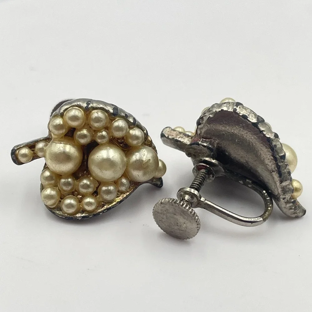 Vintage Mid-Century Faux Pearl Leaf Cluster Screw Back Earrings Silver Tone